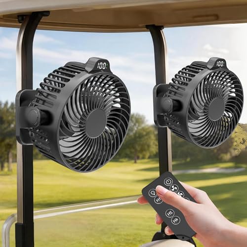 2-Pack Magnetic Golf Cart Fan with LED Display, 12000mAh Rechargeable Portable Fan, Dual Magnet & Light Timer