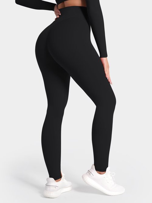 Sunzel Sunlissia Hidden Butt Lifting Scrunch Workout Leggings for Women, Crossover High Waist Yoga Pants with Tummy Control 28" Black Medium