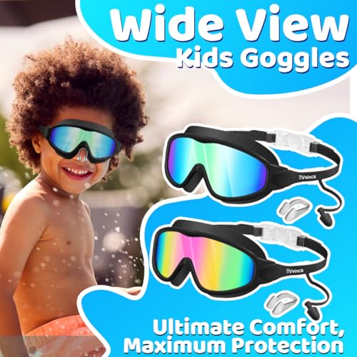 Kids Swim Goggles with Earplugs & Nose Clip - Wide View, Black 01