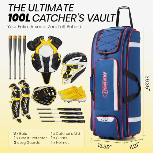 Fanwoli Pro Navy 100L Baseball Catchers Gear Bag with Organizer & 5-Hook Dugout