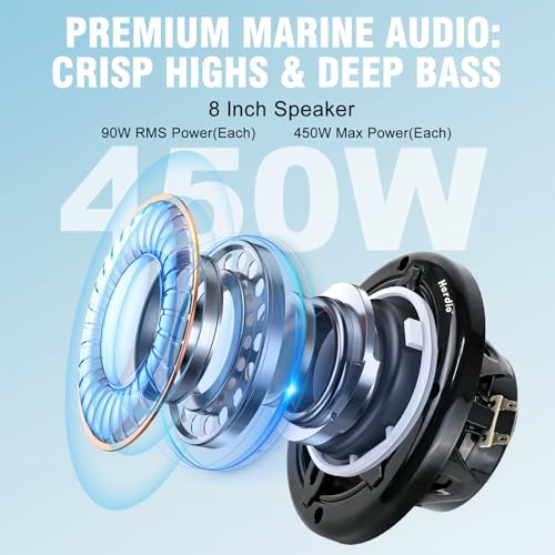 Herdio 8 Inch 450W Marine Coaxial Speakers with Blue LED Light - Black (Pair)
