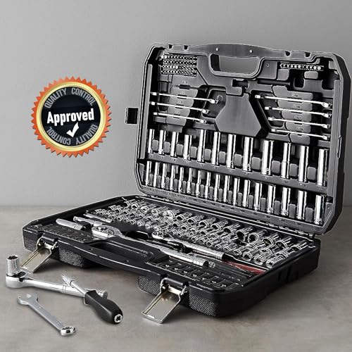 Mechanic's 201-Piece Socket Tool Set with Case - SAE & Metric, Chrome-Vanadium Steel, Black and Silver