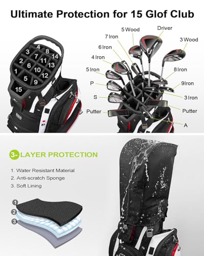 Vancropak Golf Cart Bag with 15-Way Divider Top - Black-Red-White