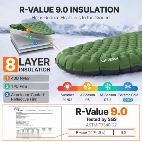 Insulated Sleeping Pad with Pump Bag - R-Value 9.0, 4.7-Inch Thick, Green