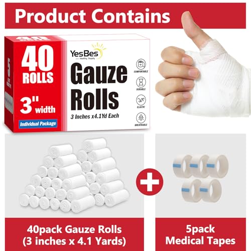 40 Pack Gauze Rolls - 3 in x 4.1 Yards, Non-Stick Wound Bandage Wraps