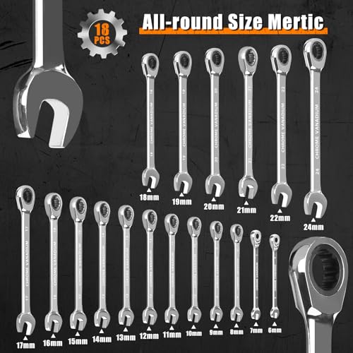 Egofine 18-Piece Metric Ratcheting Wrench Set with Storage Bag, Chrome Vanadium Steel