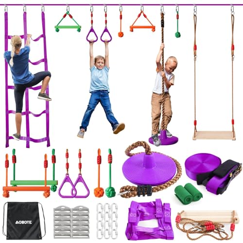 Kids Ninja Warrior Obstacle Course Slackline Set - 52ft with 9 Accessories, Purple