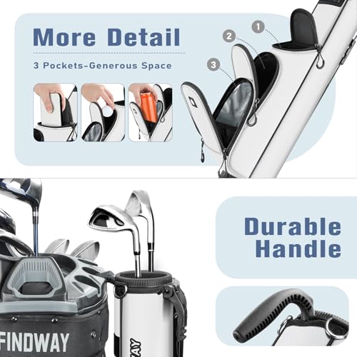 Findway White Golf Stand Bag - Lightweight Carry Bag for Driving Range & Courses, 3 Pockets