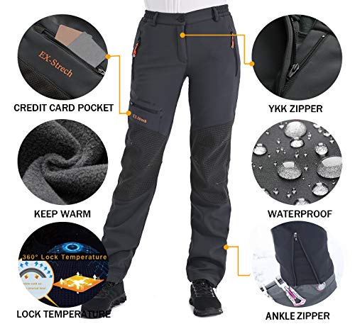 Women's Waterproof Insulated Snow Ski Pants - Softshell Snowboard Trousers with Zipper Bottom - Grey, Size 8
