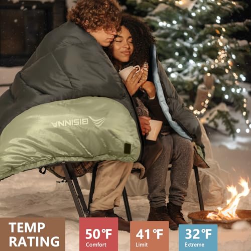 BISINNA Double Sleeping Bag for Adults - Queen Size, Green, Warm & Spacious