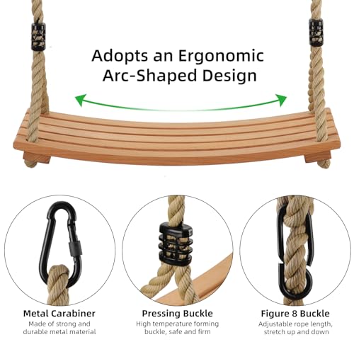 Beige Wooden Tree Swing for Adults & Kids - 22.8 x 9.8 x 0.6 inches, 440lb Capacity, Adjustable Rope, Indoor & Outdoor Use