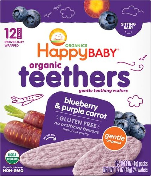Happy Baby Organic Teething Wafers - Blueberry & Purple Carrot | Soothing Rice Cookies, 0.14 Oz (Box of 12)