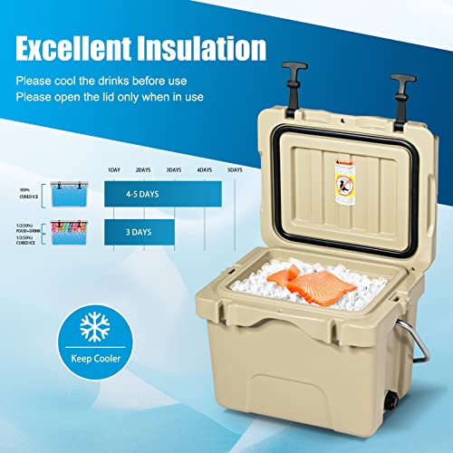 COSTWAY Khaki 16 Quart Insulated Cooler - Portable Ice Chest with Cup Holders