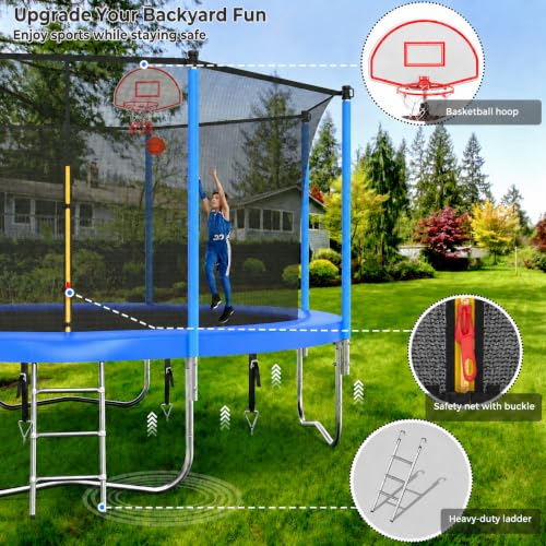 12ft Light Blue Trampoline with Basketball Hoop & Net - Outdoor Kids & Adults