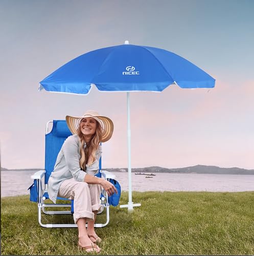 Nice C 1 Pack Blue Reclining Beach Chair with Umbrella & Cooler - Portable Outdoor Seating