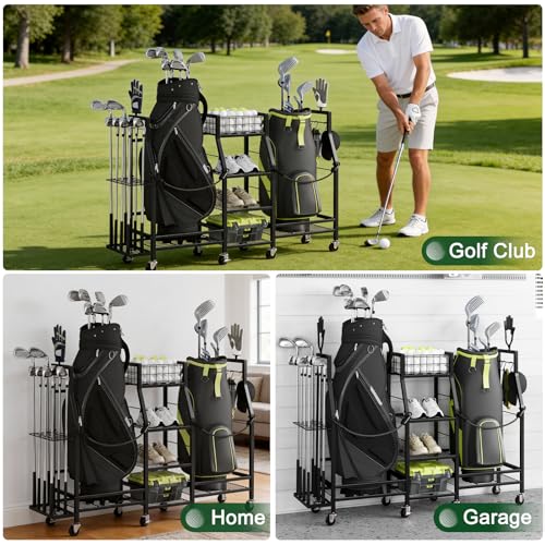 Neatolgrid Golf Bag Storage Rack for Garage - Dual Bag Organizer with Wheels