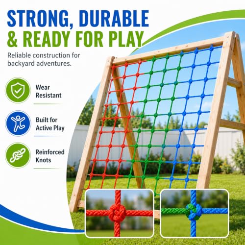 Kids Outdoor Climbing Net 5x6.5FT Heavy Duty Rope Ladder for Playground & Treehouse