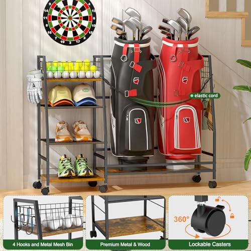 DAOUTIME Golf Bag Storage Rack for Garage | Holds 2 Bags with Wheels & Accessories
