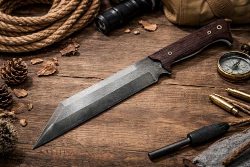 Handmade Viking Seax Knife with Leather Sheath - 10-inch High-Carbon Steel Fixed Blade Hunting Knife