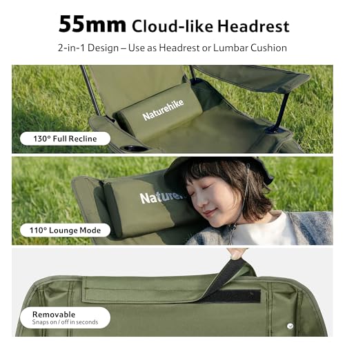 Naturehike Green 3-Position Adjustable Camping Recliner with Footrest - Heavy Duty Folding Lounge Chair, Portable with Carry Bag, Cup Holder & Side Pocket, Supports 330 lbs