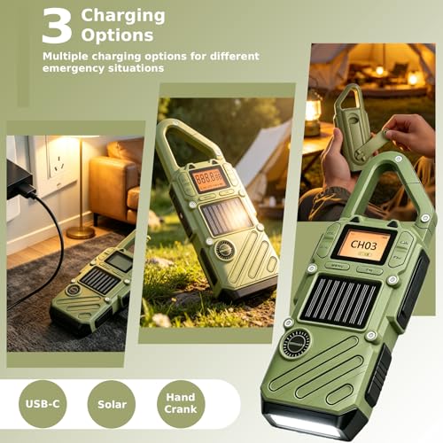 QUOLIX Green Long Range Walkie Talkies for Adults, Emergency 2-Way Radio with FM, SOS, NOAA Weather, Flashlight, Solar & USB-C Rechargeable