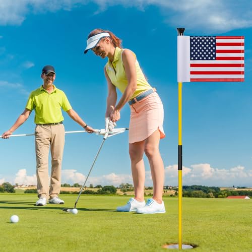 Meooeck 4 Pack Golf Flag Cup Set for Putting Green with American Flags & Portable Flagsticks