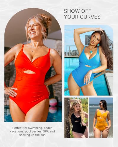 SHAPELLX Large Red Tummy Control One-Piece Swimsuit Women V-Neck Ruched Push-Up Slimming Bathing Suit with Built-in Bra