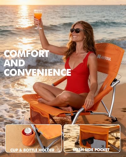 AKSOUL Orange Folding Beach Chair for Adults - Wide Seat, Low & High Back, Pack of 2