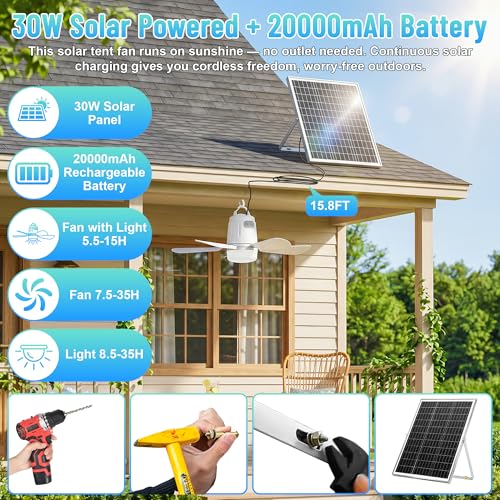 Lumtide 20'' Solar Ceiling Fan with 20000mAh Battery & Dimmable Light, Portable Outdoor Fan with Remote for Gazebo, Tent, RV