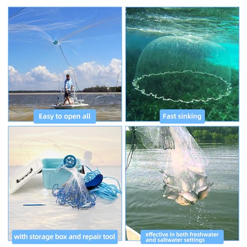 Cast Net for Bait Trap Fish 1/2 Inch Mesh Size - 6ft Radius, Handcrafted Bait Net