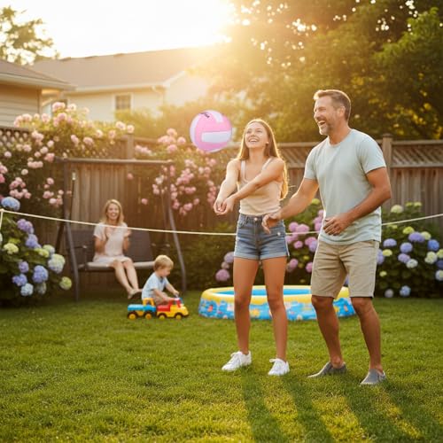 Size 5 Volleyball with Air Pump - White & Pink PVC Indoor Outdoor Training Ball