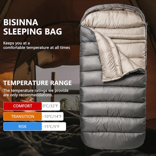BISINNA Zero Degree XL Sleeping Bag for Adults Gray - Winter Camping & Cold Weather