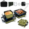 Green 2 Burner Portable Propane Camping Stove Kit with Frying Pan & Pot - Foldable Hiking Cookware Set