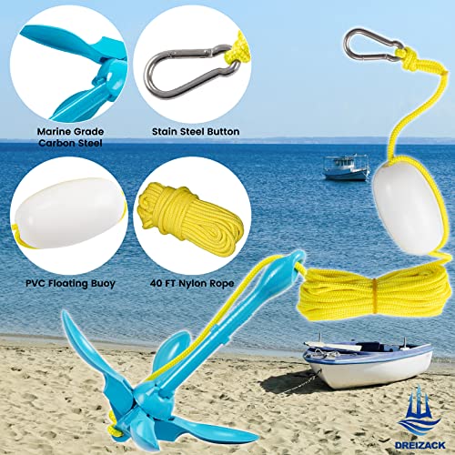 Blue Folding Kayak Anchor Kit 3.5lb with Rope Buoy for Fishing & Water Sports