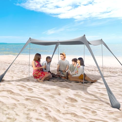 Gray 10x10FT Family Beach Tent Canopy Sun Shade with 4 Poles, Portable & Waterproof