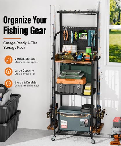 Fishing Rod Storage Rack with Shelves & Accessories Organizer