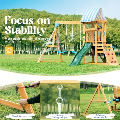 ROBOTIME Wooden Kids Swing Set Backyard Playset Ages 3-10 with Slide & Climbing Rope