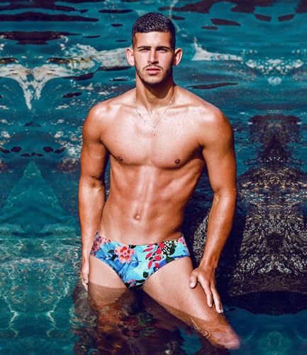 Men Swimsuit Bikini Briefs with Adjustable Drawstring - Large Flowerblue