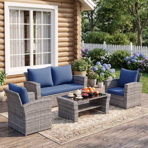 Wisteria Lane Light Blue Outdoor Wicker Patio Furniture Set - 4 Piece All Weather