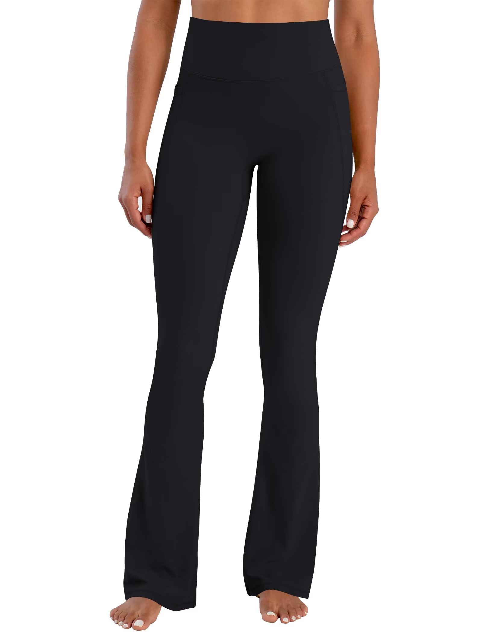 Sunzel No Front Seam Flare Leggings for Women with Pockets Hidden Butt Lifting Scrunch Tummy Control Mini Flared Yoga Pants 32" Inseam Black Medium