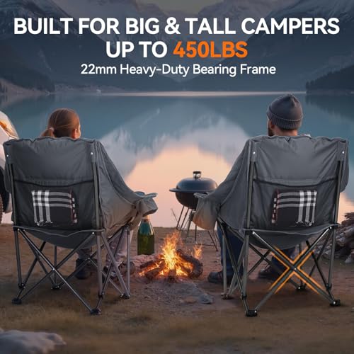 Grey Oversized 2 Pack Camping Chairs - Heavy Duty Support 450LBS, Padded, Twin Pack