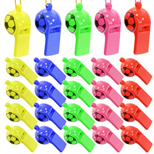 Sports Whistles with Lanyard 25 Pcs Soccer Pattern Loud Sound Party Favors - Mixed Colors