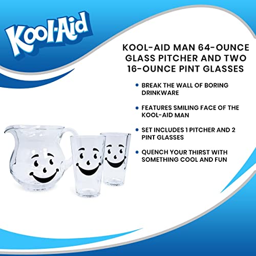 Kool-Aid Man Glass Pitcher and Pint Glass Set - 64oz Beverage Dispenser & 16oz Glassware