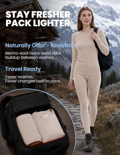 Iguana Women's Merino Wool Base Layer Set Active Thermals Medium 190-Oatmeal