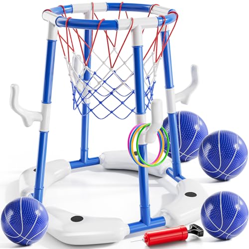 Floating Pool Basketball Hoop Set with 4 Balls & Pump - Blue