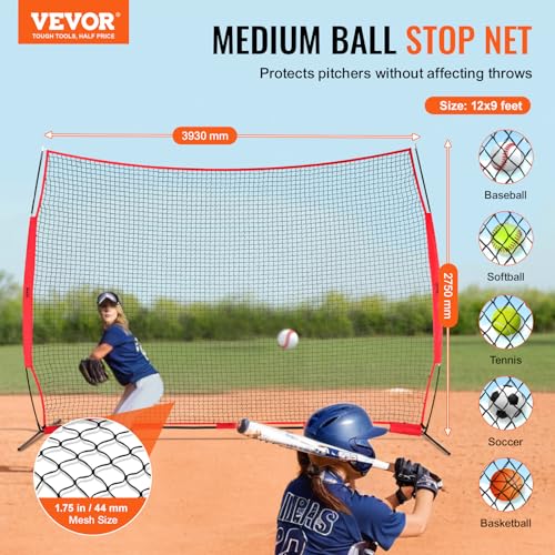 VEVOR 12x9 Ft Red Multi-Sport Barricade Backstop Net with Carry Bag