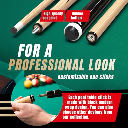 Black Pool Cue Set of 4 - 58 Inch Canadian Ashwood Billiard Cues with Low-Deflection Shaft & Extra Chalks