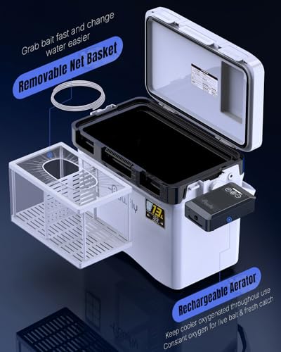 13 Quart Live Bait Cooler with Rechargeable Aerator - Leak-Proof Fish Livewell for Boat and Fishing