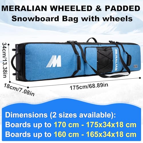 MERALIAN Blue 170cm Snowboard Bag with Wheels, Padded Travel Storage