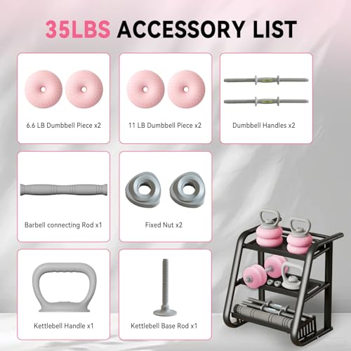 Pink 4-in-1 Adjustable Dumbbell Set - Soft Shell Weights 35/62lbs